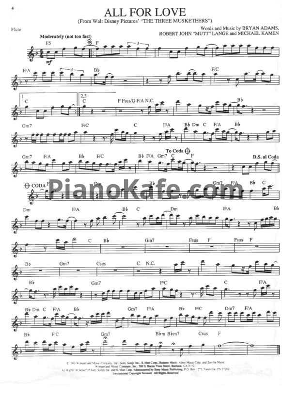 Ноты Bryan Adams, Rod Stewart, Sting - All for Love (Переложение для флейты) - PianoKafe.com