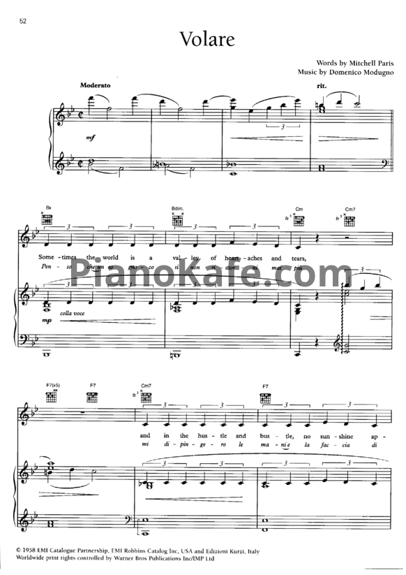 Ноты Domenico Modugno - Volare (Nel blu dipinto di blu) - PianoKafe.com