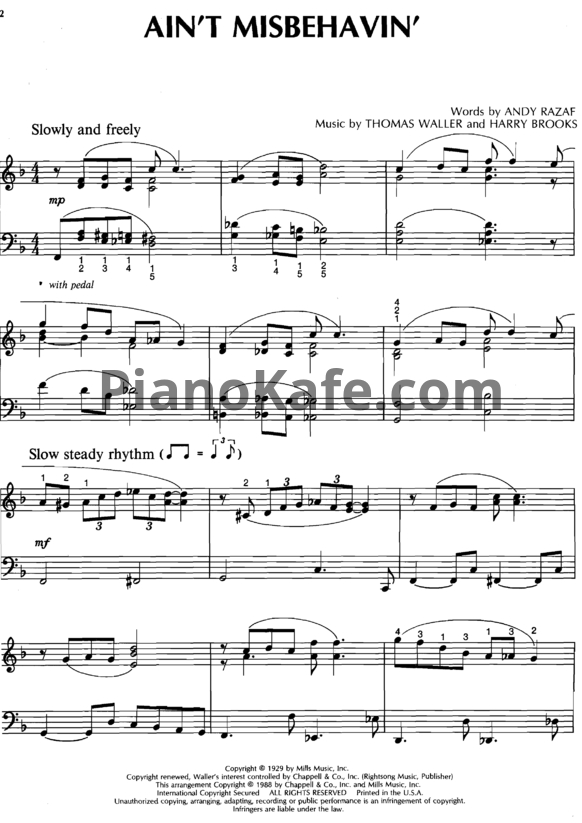 Ноты Harry Brooks - Ain't misbehavin (Arranged by Bill Boyd) - PianoKafe.com