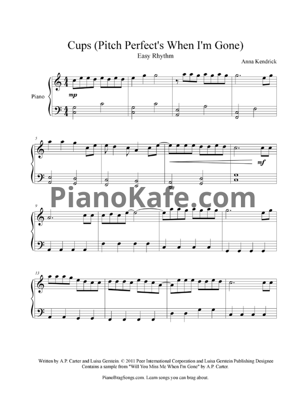 Ноты Anna Kendrick - Cups (Pitch Perfect's "When I'm Gone") - PianoKafe.com