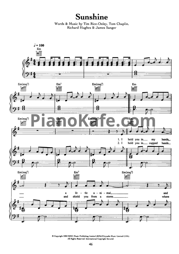 Ноты Keane - Sunshine - PianoKafe.com
