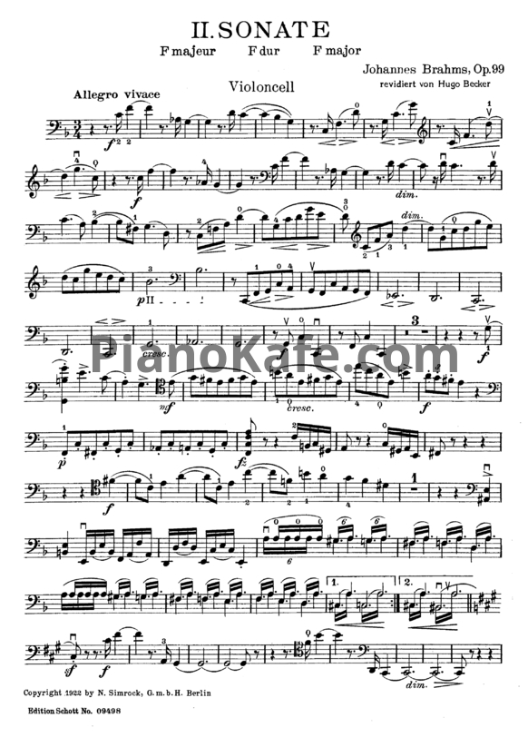 Ноты И. Брамс - Соната для виолончели и фортепиано № 2 фа мажор (Op. 99) - PianoKafe.com