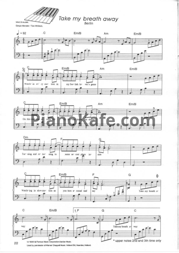 Ноты Berlin - Take my breath away - PianoKafe.com