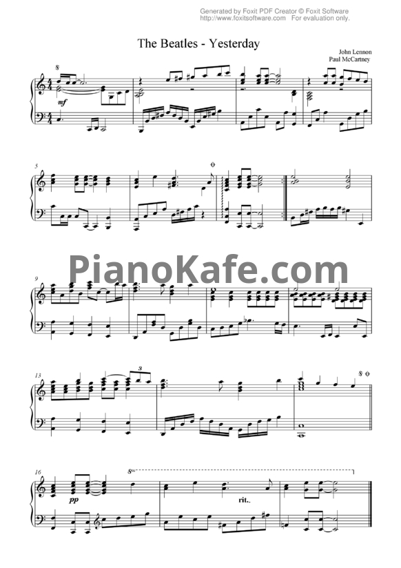 Ноты The Beatles - Yesterday (Piano version) - PianoKafe.com