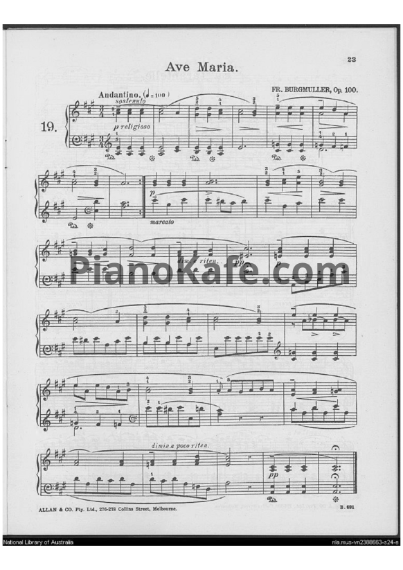 Ноты Фридрих Бургмюллер - Этюд "Ave Maria" (Op. 100, №19) - PianoKafe.com