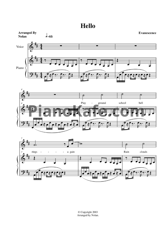 Ноты Evanescence - Hello (Версия 2) - PianoKafe.com