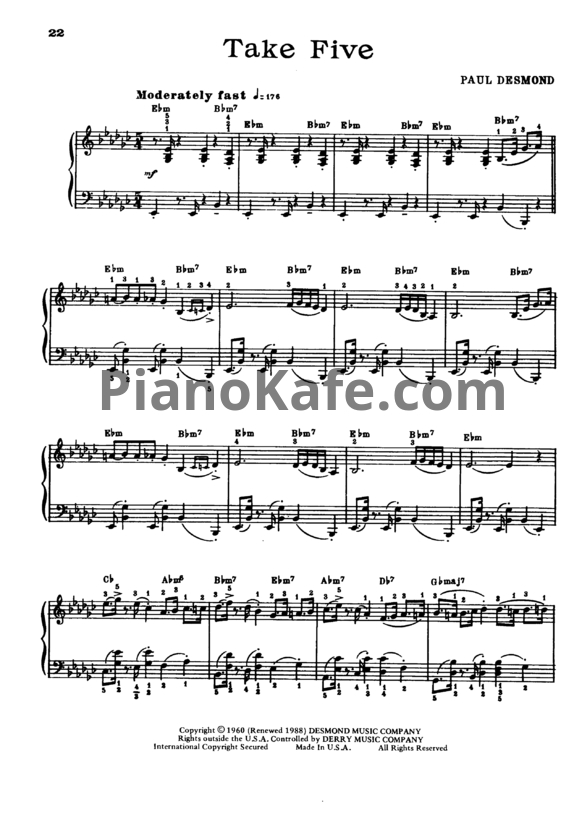Ноты Dave Brubeck - Take five - PianoKafe.com