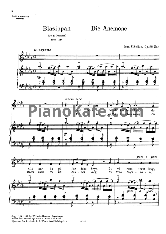 Ноты Ян Сибелиус - 6 песен для голоса и фортепиано (Op. 88) - PianoKafe.com