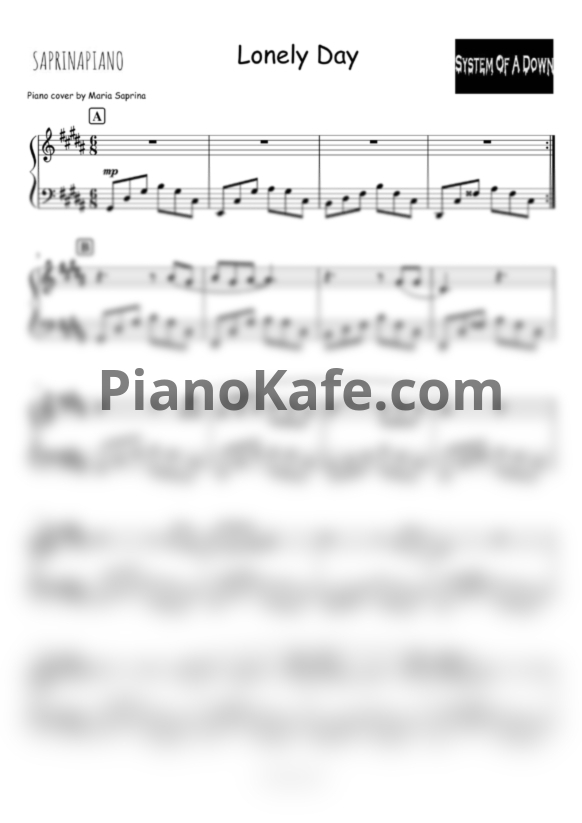 Ноты System of a Down - Lonely day (SaprinaPiano cover) - PianoKafe.com