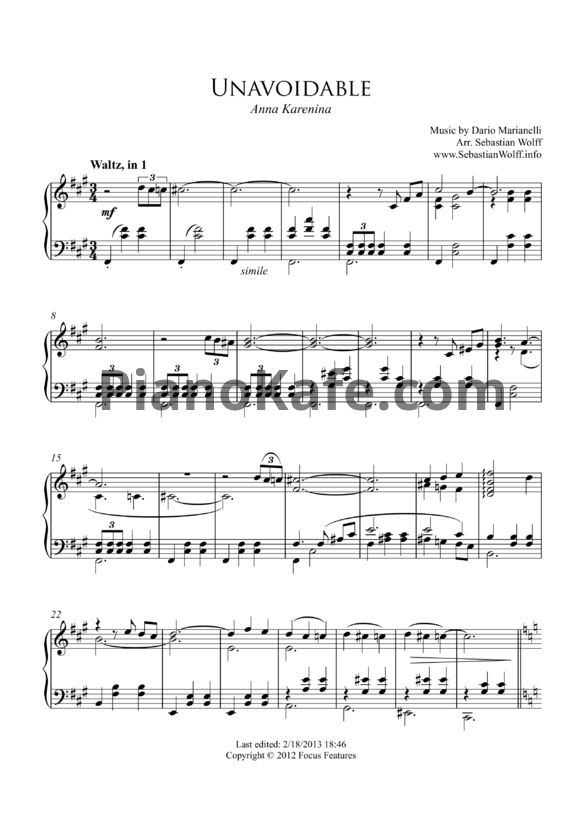 Ноты Dario Marianelli - Unavoidable - PianoKafe.com