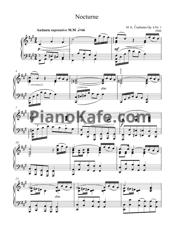 Ноты М. К. Чюрлёнис - Ноктюрн (Op. 4 №1) - PianoKafe.com