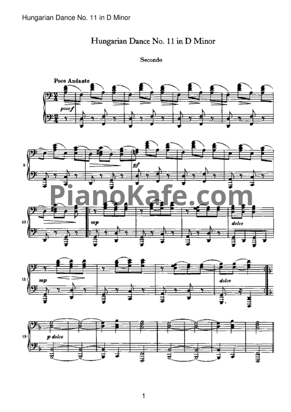 Ноты Иоганнес Брамс - Венгерский танец №11 ре-минор (для фортепиано в 4 руки) - PianoKafe.com