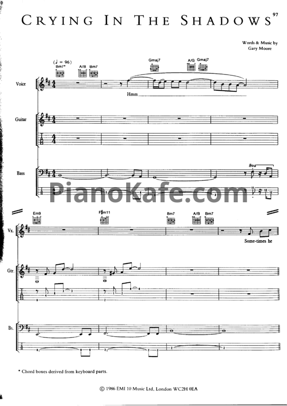 Ноты Gary Moore - Crying in the shadows (Voice, Guitar, Bass) - PianoKafe.com