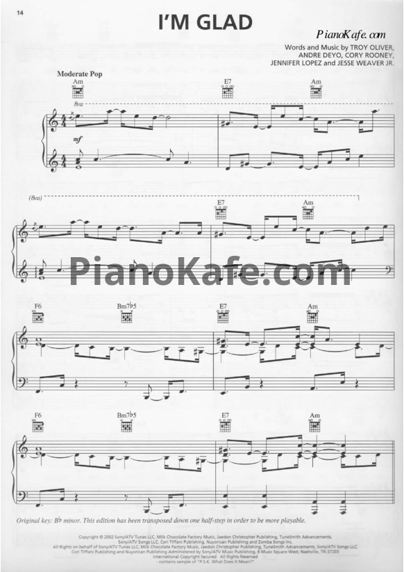 Ноты Lopez Jennifer - I'm glad - PianoKafe.com