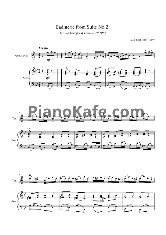 Ноты И. Бах - Badinerie из Сюиты №2 (BMW 1067) - PianoKafe.com