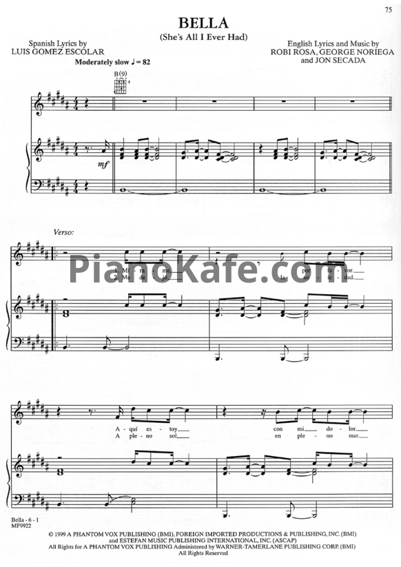 Ноты Ricky Martin - Bella (She's all I ever had) - PianoKafe.com