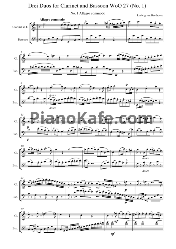 Ноты Л. В. Бетховен - Dreei Duos for Clarinet and Bassoon WoO 27 (No. 1) in C major - PianoKafe.com
