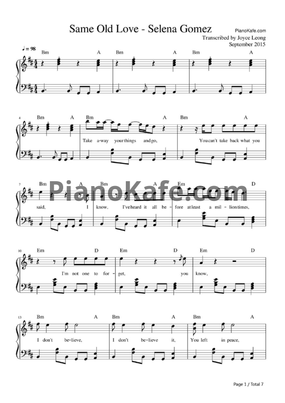 Ноты Selena Gomez - Same old love - PianoKafe.com