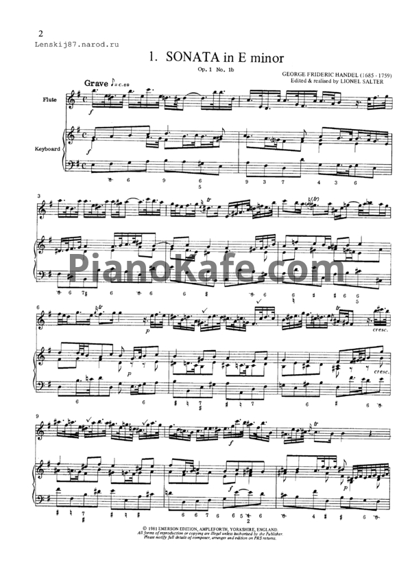 Ноты Георг Гендель - Сонаты для флейты. Часть 1 - PianoKafe.com