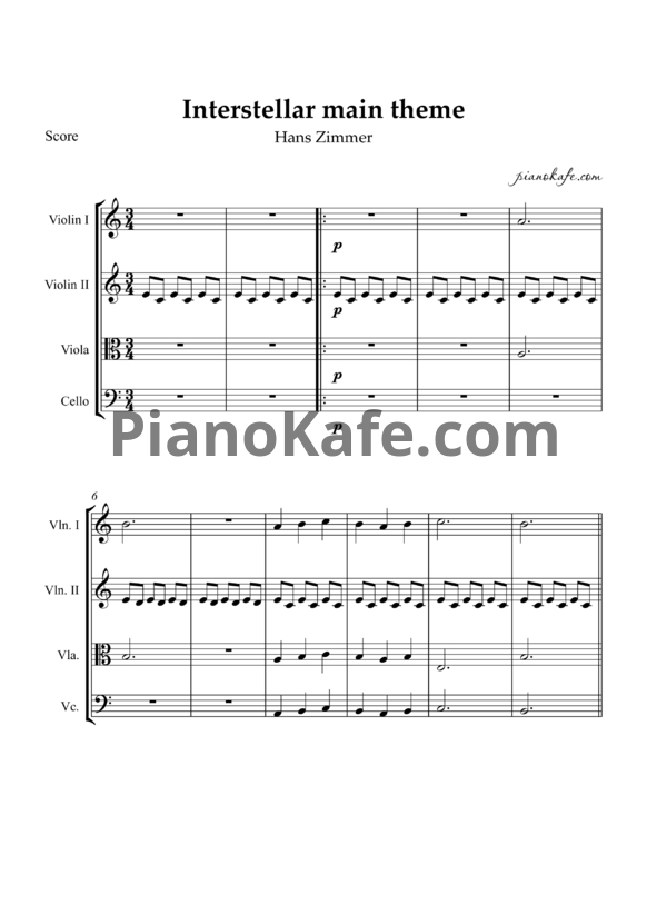 Ноты Hans Zimmer - Interstellar main theme (Партитура для струнного квартета) - PianoKafe.com