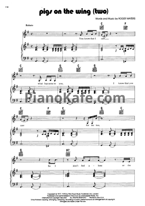 Ноты Pink Floyd - Pigs on the wing (two) - PianoKafe.com
