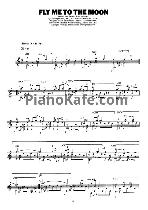 Ноты Bart Howard - Fly me to the moon (Arranged for classic guitar by John Duarte) - PianoKafe.com