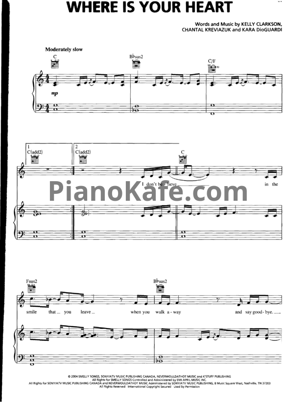 Ноты Kelly Clarkson - Where is your heart - PianoKafe.com