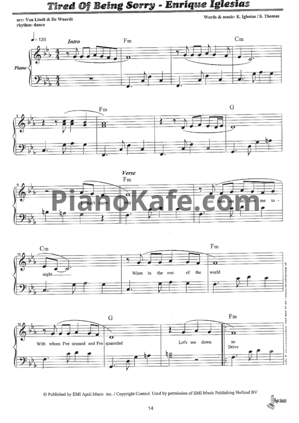 Ноты Enrique Iglesias - Tyred of being sorry - PianoKafe.com