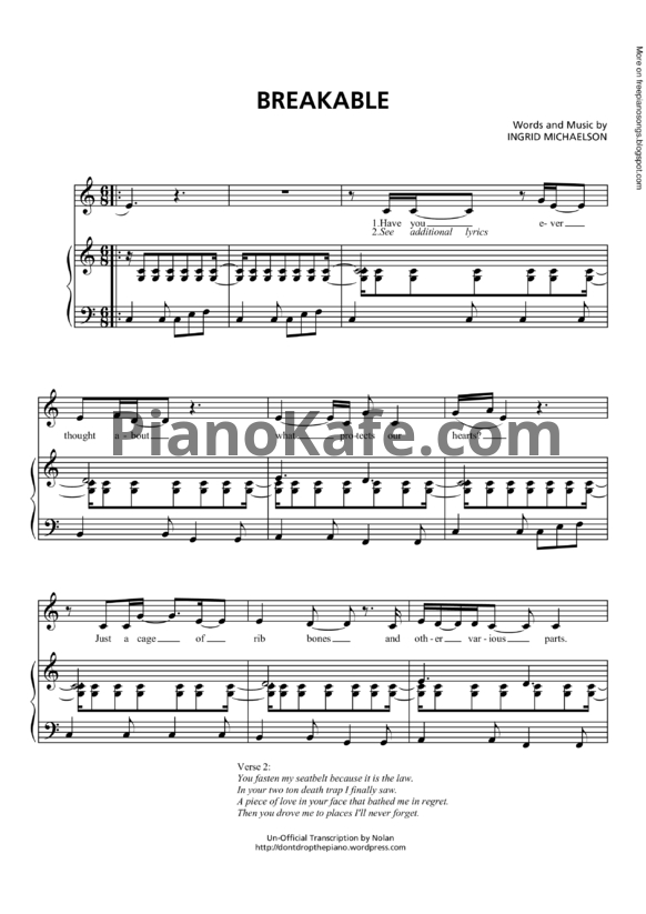 Ноты Ingrid Michaelson - Breakable - PianoKafe.com