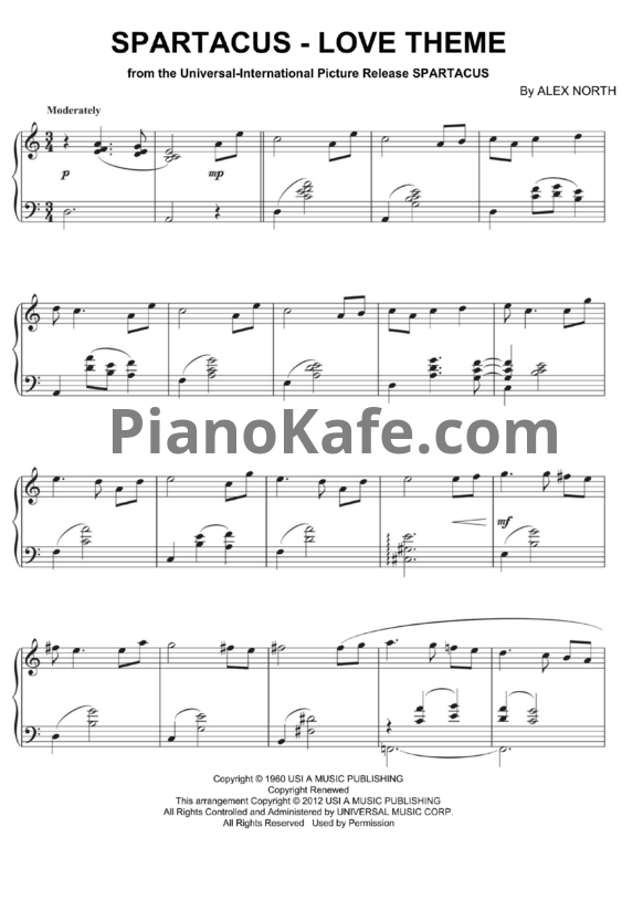 Ноты Alex North - Spartacus: love theme - PianoKafe.com