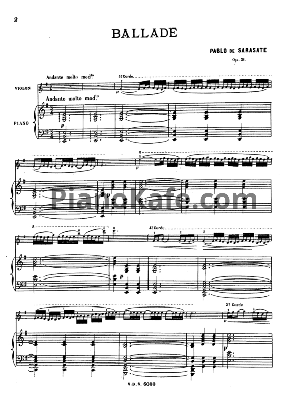 Ноты Пабло де Сарасате - Баллада (Соч. 31) - PianoKafe.com