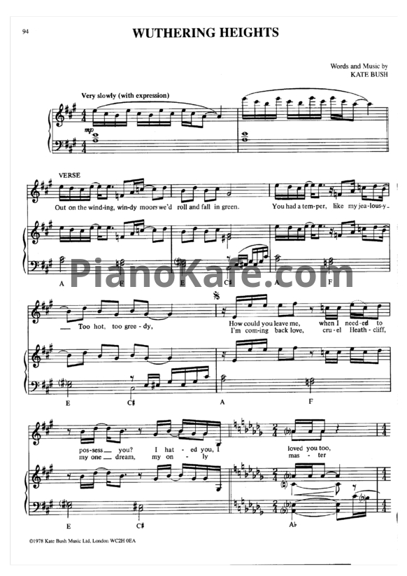 Ноты Kate Bush - Wuthering heights - PianoKafe.com
