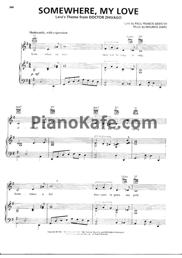Ноты Maurice Jarre - Somewhere, my love - PianoKafe.com