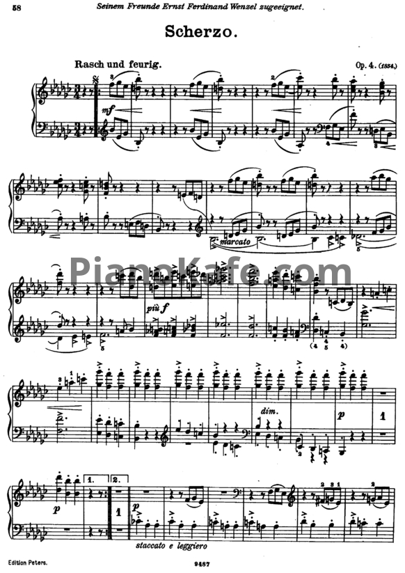 Ноты И. Брамс - Скерцо для фортепиано ми-бемоль минор (Op. 4) - PianoKafe.com