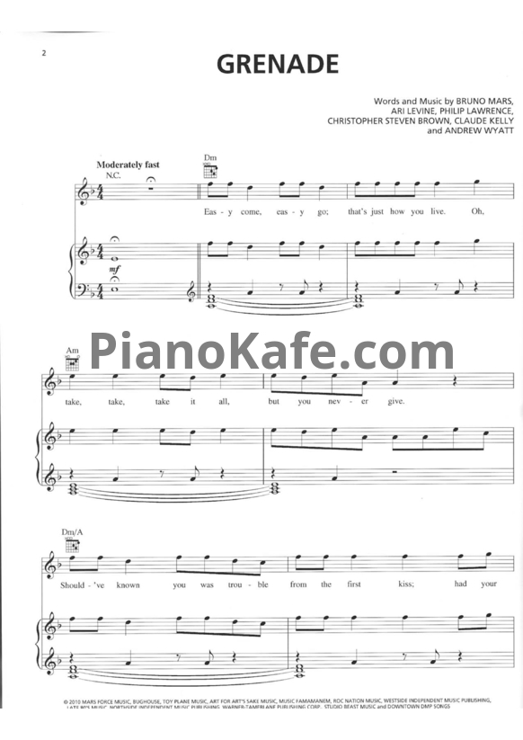 Ноты Bruno Mars - Grenade (Версия 2) - PianoKafe.com