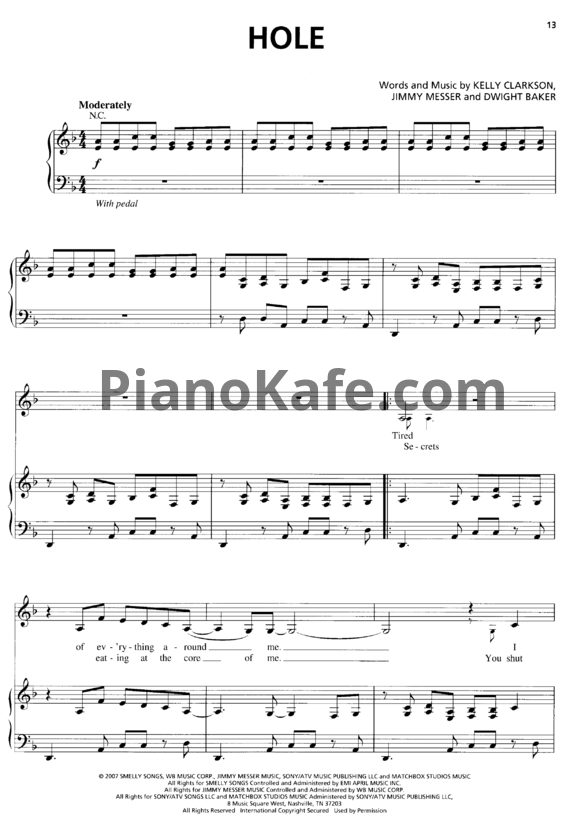 Ноты Kelly Clarkson - Hole - PianoKafe.com