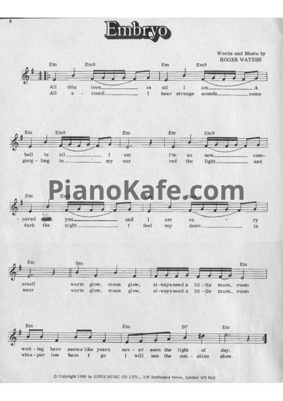 Ноты Pink Floyd - Embryo (Вокальная партия) - PianoKafe.com