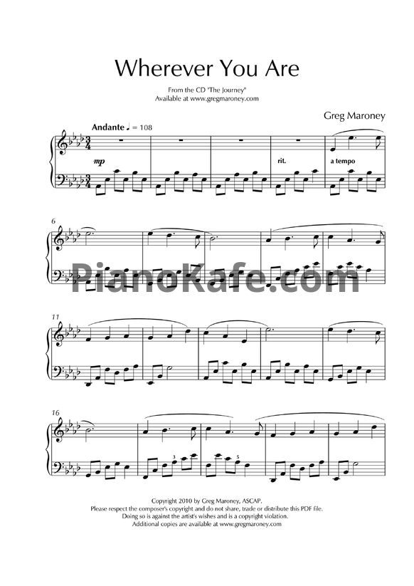 Ноты Greg Maroney - Wherever you are - PianoKafe.com