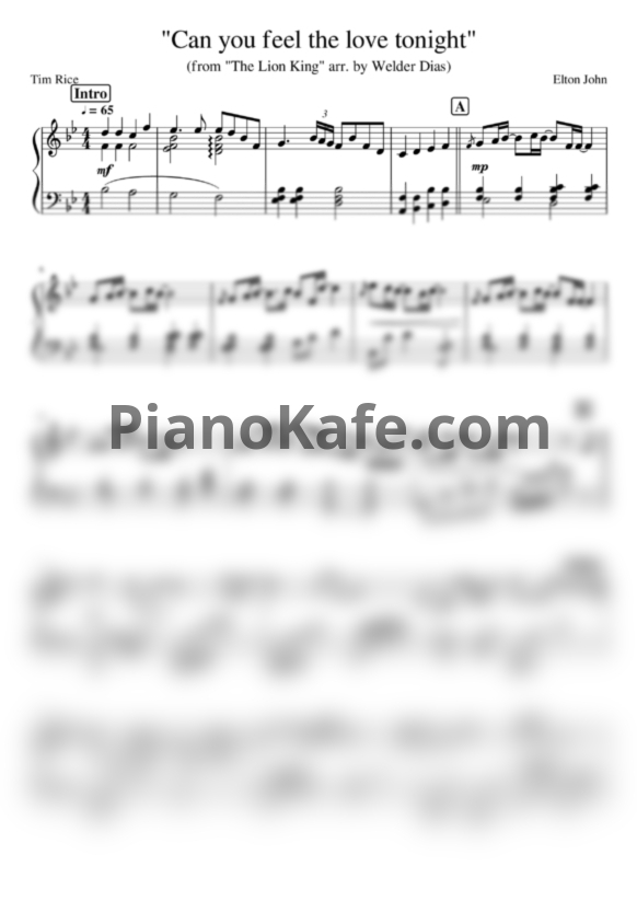 Ноты Welder Dias - Can you feel the love tonight (Elton John piano cover) - PianoKafe.com
