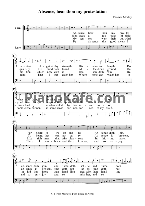 Ноты Т. Морли - Absence, hear thou my protestation (Хоровая партитура) - PianoKafe.com