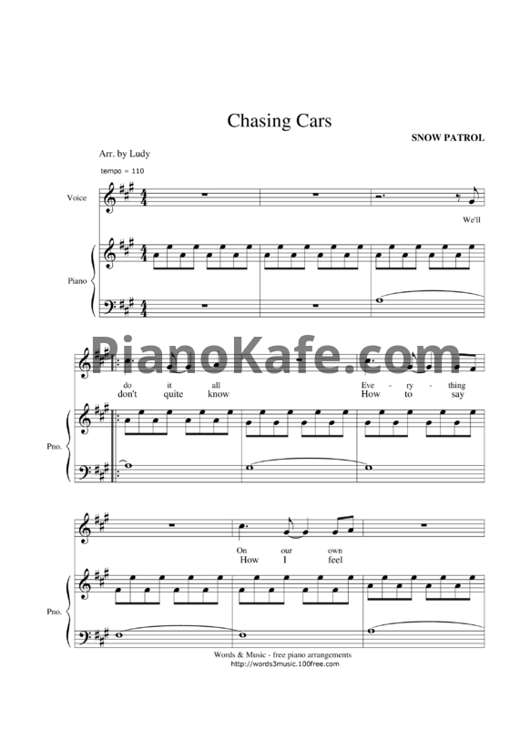 Ноты The Wind and The Wave - Chasing Car - PianoKafe.com
