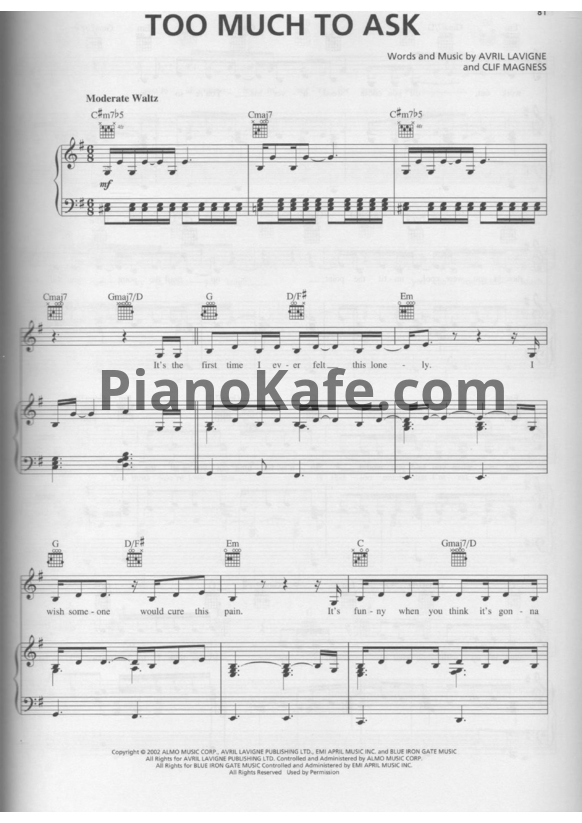 Ноты Avril Lavigne - Too much to ask - PianoKafe.com