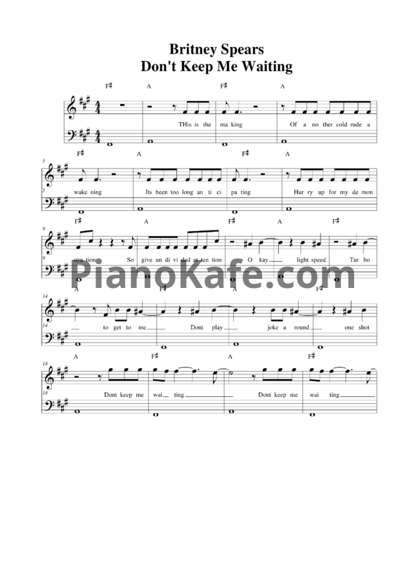 Ноты Britney Spears - Don’t Keep Me Waiting - PianoKafe.com