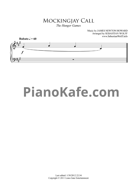 Ноты James Newton Howard - Mockingjay call - PianoKafe.com
