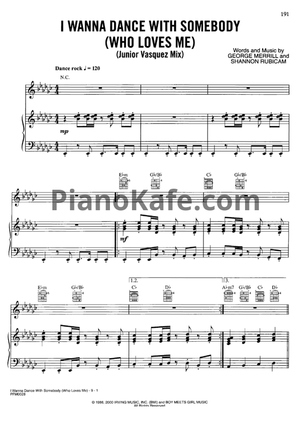 Ноты Whitney Houston - I wanna dance with somebody (Who loves me) (Junior Vasquez mix) - PianoKafe.com