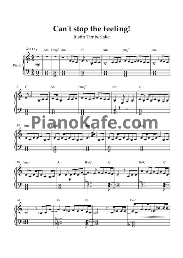 Ноты Justin Timberlake - Can't stop the feeling - PianoKafe.com