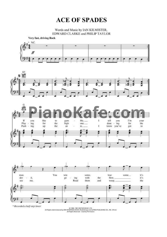 Ноты Motorhead - Ace of spades (Версия 2) - PianoKafe.com