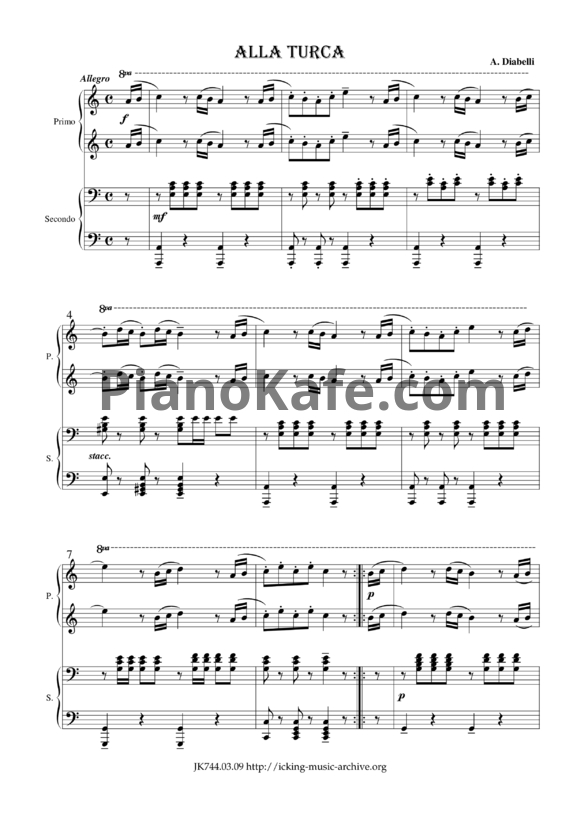 Ноты А. Диабелли - Alla Turca (для фортепиано в 4 руки) - PianoKafe.com