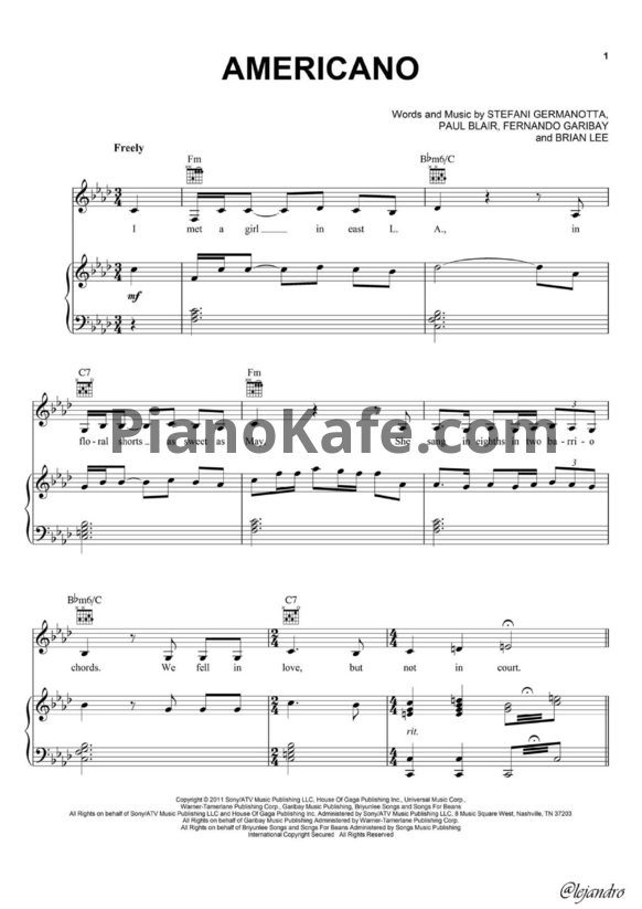 Ноты Lady Gaga - Americano - PianoKafe.com