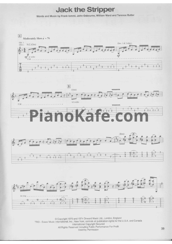 Ноты Black Sabbath - Jack the stripper (Guitar tabs) - PianoKafe.com